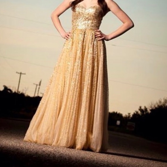 Sherri Hill Gold Sparkly Graduation or Prom Dress - Picture 2 of 4